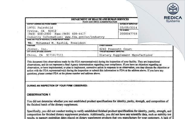 FDA 483 - Jinher, Inc. [Chino / United States of America] - Download PDF - Redica Systems