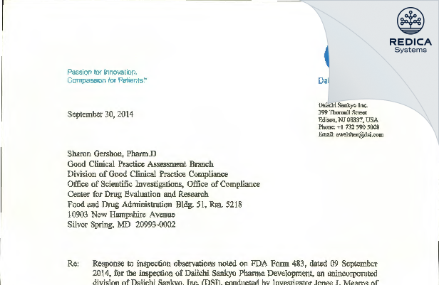 FDA 483 Response - Daiichi Sankyo, Inc. [Basking Ridge / United States of America] - Download PDF - Redica Systems