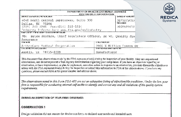 FDA 483 - ArthroCare Medical Corporation [Austin / United States of America] - Download PDF - Redica Systems