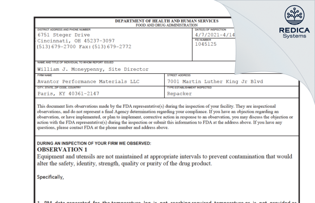 FDA 483 - Avantor Performance Materials, LLC [Paris / United States of America] - Download PDF - Redica Systems