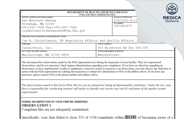 FDA 483 - CardioFocus, Inc. [Marlborough / United States of America] - Download PDF - Redica Systems