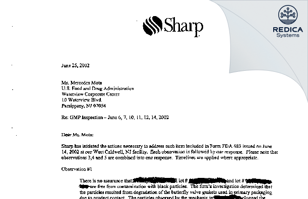 FDA 483 Response - Sharp Corporation [Allentown / United States of America] - Download PDF - Redica Systems