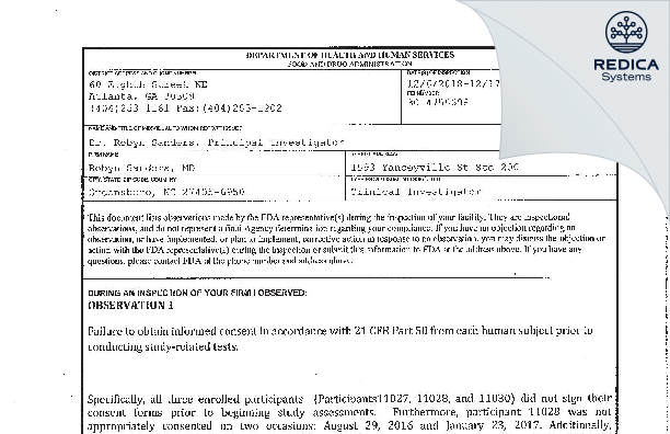 FDA 483 - Robyn Sanders, MD [Greensboro / United States of America] - Download PDF - Redica Systems