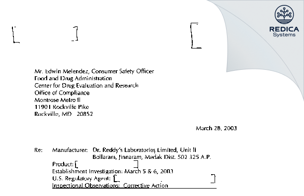 FDA 483 Response - Dr. Reddy's Laboratories Limited (Unit II) [Mandal / India] - Download PDF - Redica Systems