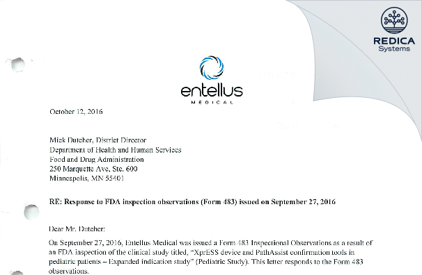 FDA 483 Response - Entellus Medical [Plymouth / United States of America] - Download PDF - Redica Systems