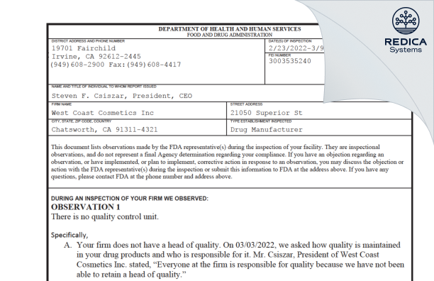 FDA 483 - West Coast Cosmetics, Inc. [Chatsworth California / United States of America] - Download PDF - Redica Systems