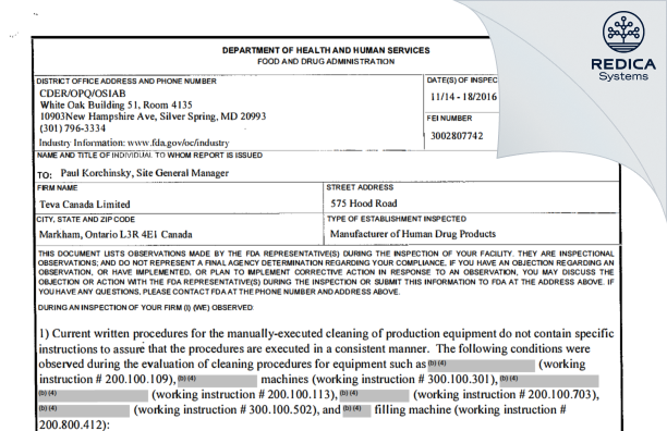 FDA 483 - Teva Canada Limited [Canada / Canada] - Download PDF - Redica Systems