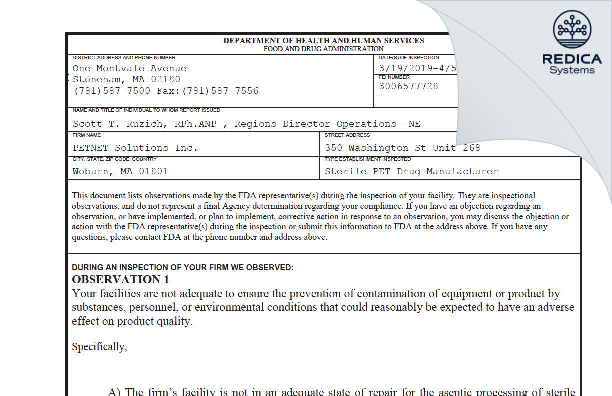 FDA 483 - PETNET SOLUTIONS, INC. [Woburn / United States of America] - Download PDF - Redica Systems