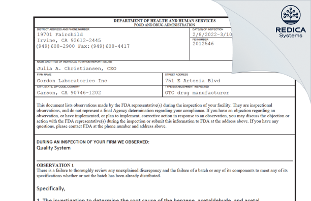 FDA 483 - Gordon Laboratories [California / United States of America] - Download PDF - Redica Systems