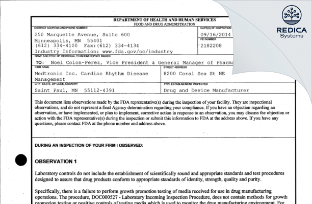 FDA 483 - Medtronic Inc. [Mounds View / United States of America] - Download PDF - Redica Systems