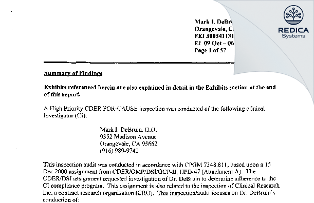 EIR - DeBruin, Mark I., D.O. [Orangevale / United States of America] - Download PDF - Redica Systems