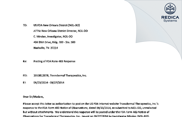 FDA 483 Response - Transdermal Therapeutics [Birmingham / United States of America] - Download PDF - Redica Systems