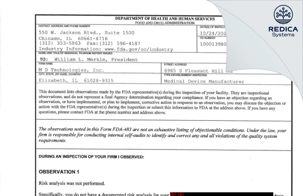 FDA 483 - M D Technologies, Inc. [Elizabeth / United States of America] - Download PDF - Redica Systems