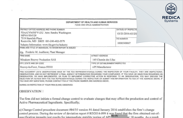 FDA 483 - Minakem Beuvry Production [France / France] - Download PDF - Redica Systems