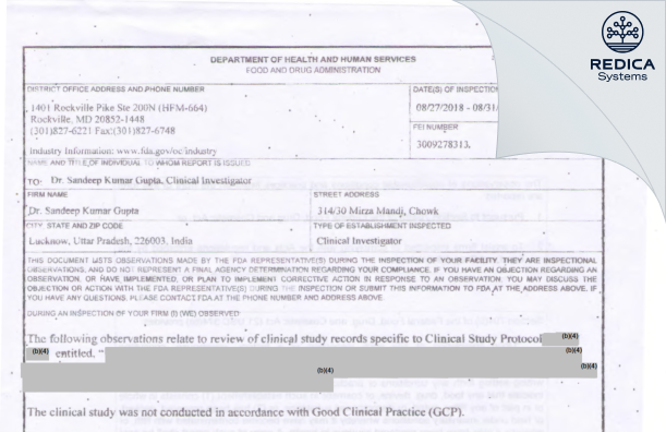 FDA 483 - Dr. Sandeep Kumar Gupta [Lucknow / India] - Download PDF - Redica Systems