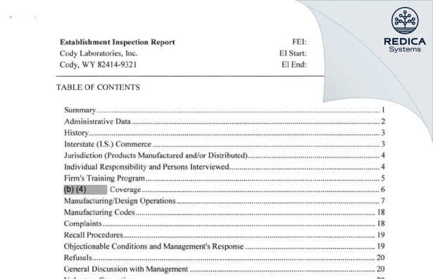 EIR - Cody Laboratories, Inc. [Cody / United States of America] - Download PDF - Redica Systems
