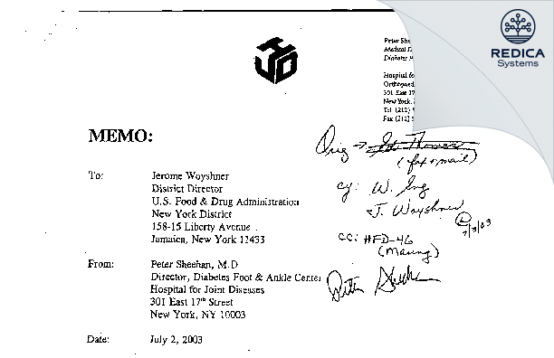 FDA 483 Response - Peter Sheehan, MD [New York / United States of America] - Download PDF - Redica Systems
