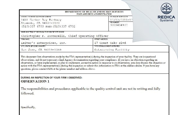 FDA 483 - Wedgewood Connect, LLC [San Jose / United States of America] - Download PDF - Redica Systems
