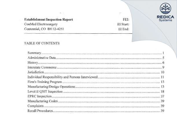 EIR - ConMed Corporation [Greenwood Village / United States of America] - Download PDF - Redica Systems