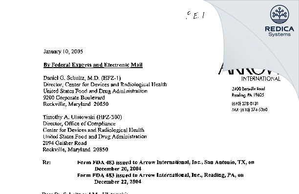 FDA 483 Response - Arrow International, Inc [San Antonio / United States of America] - Download PDF - Redica Systems