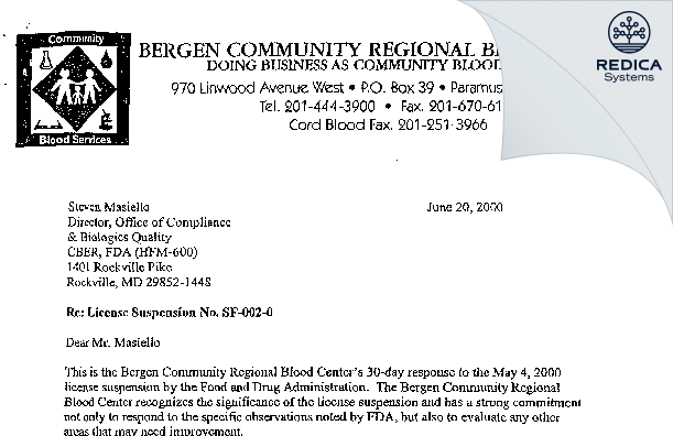 FDA 483 Response - Bergen Comm Reg Blood Center [Montvale / United States of America] - Download PDF - Redica Systems