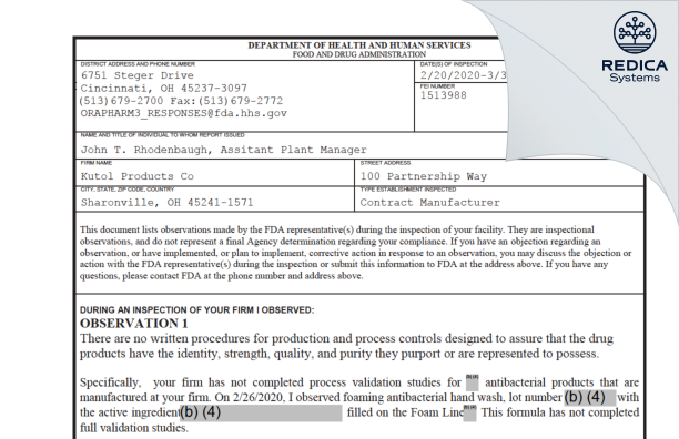 FDA 483 - KUTOL PRODUCTS COMPANY [Sharonville Ohio / United States of America] - Download PDF - Redica Systems