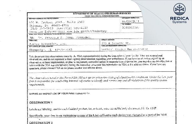 FDA 483 - Mimosa Acoustics, Inc. [Champaign / United States of America] - Download PDF - Redica Systems