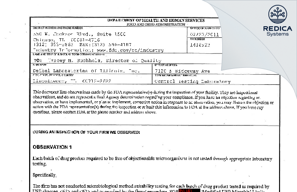 FDA 483 - Deibel Laboratories of Illinois, Inc. [Lincolnwood / United States of America] - Download PDF - Redica Systems