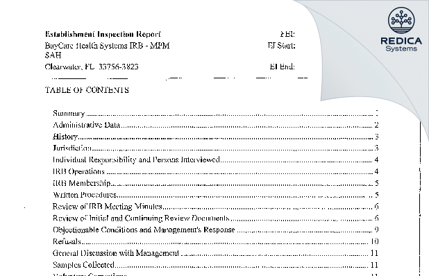 EIR - BayCare Health Systems IRB [Tampa / United States of America] - Download PDF - Redica Systems