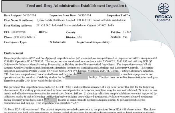 EIR - ZYDUS LIFESCIENCES LIMITED [India / India] - Download PDF - Redica Systems