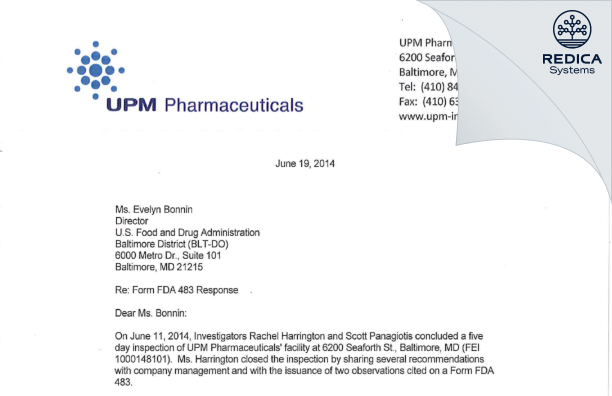 FDA 483 Response - UPM Pharmaceuticals [Baltimore / United States of America] - Download PDF - Redica Systems