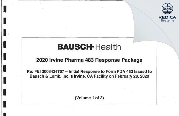 FDA 483 Response - Bausch & Lomb Incorporated [Irvine / United States of America] - Download PDF - Redica Systems