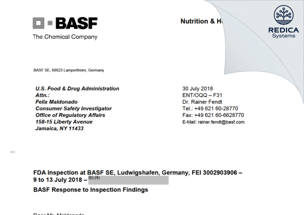 FDA 483 Response - BASF SE [Ludwigshafen Am Rhein / Germany] - Download PDF - Redica Systems