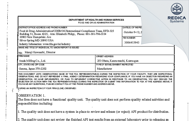 FDA 483 - Asada Milling Co., Ltd. [Kanra-Machi / Japan] - Download PDF - Redica Systems