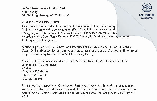 EIR - Oxford Instruments Medical, LtD. [Woking / United Kingdom of Great Britain and Northern Ireland] - Download PDF - Redica Systems