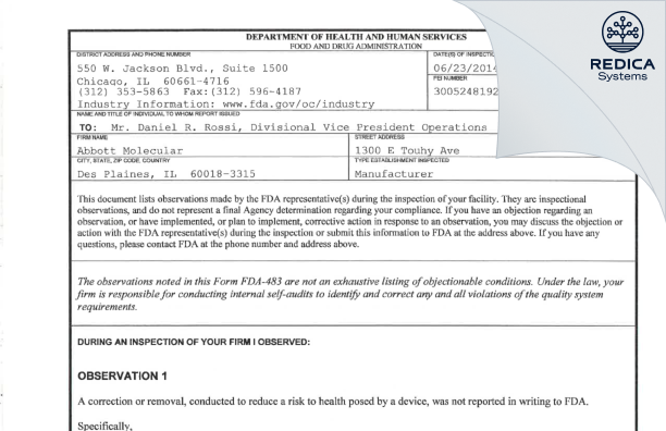 FDA 483 - Abbott Molecular, Inc. [Des Plaines / United States of America] - Download PDF - Redica Systems