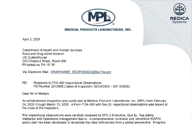 FDA 483 Response - Medical Products Laboratories, Inc. [Philadelphia / United States of America] - Download PDF - Redica Systems