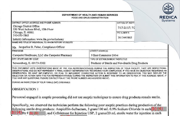 FDA 483 - Carepoint Healthcare LLC dba Carepoint Pharmacy [Schaumburg / United States of America] - Download PDF - Redica Systems