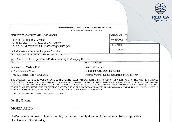 FDA 483 - Curium Netherlands B.V. [Netherlands / Netherlands] - Download PDF - Redica Systems