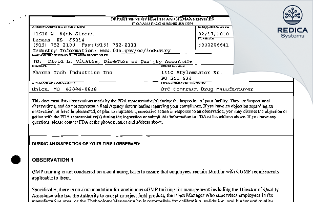 FDA 483 - PTI Union LLC [Union / United States of America] - Download PDF - Redica Systems