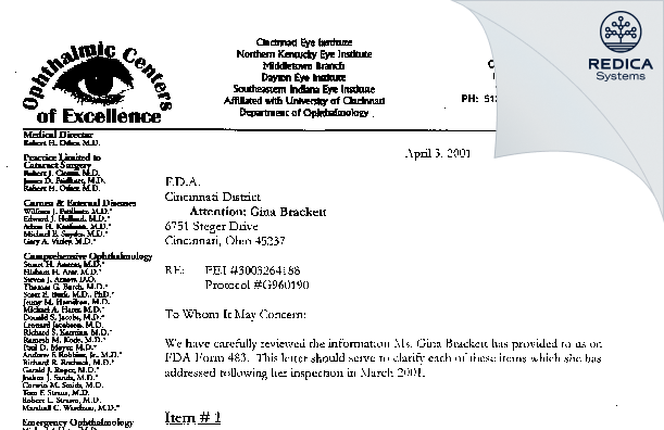 FDA 483 Response - Robert Osher MD [Cincinnati / United States of America] - Download PDF - Redica Systems