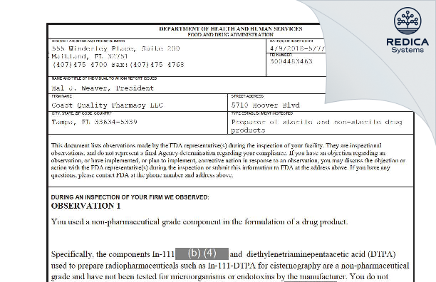 FDA 483 - Coast Quality Pharmacy, LLC dba Anazao Health [Tampa / United States of America] - Download PDF - Redica Systems