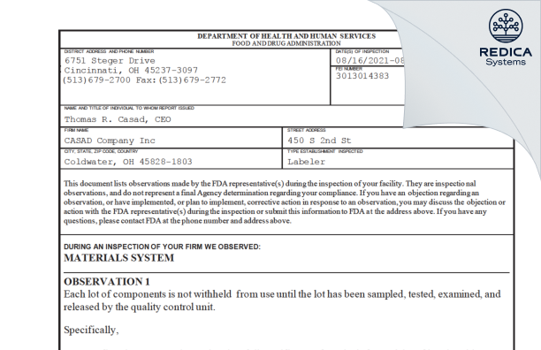FDA 483 - CASAD Company, Inc. [Coldwater Ohio / United States of America] - Download PDF - Redica Systems