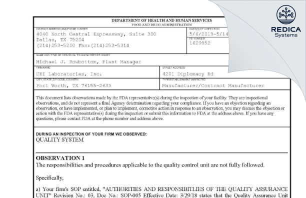 FDA 483 - CBI Laboratories, Inc. [Fort Worth / United States of America] - Download PDF - Redica Systems