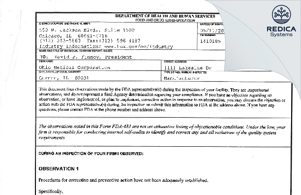 FDA 483 - Ohio Medical Corporation [Gurnee / United States of America] - Download PDF - Redica Systems