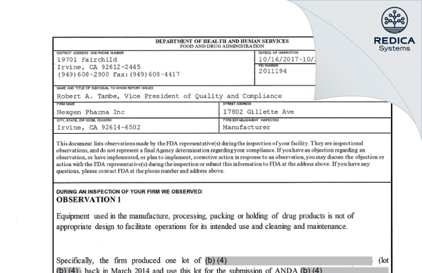 FDA 483 - Nexgen Pharma, Inc. [Irvine / United States of America] - Download PDF - Redica Systems