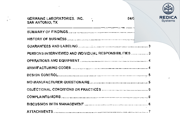 EIR - Germaine Laboratories, Inc [San Antonio / United States of America] - Download PDF - Redica Systems