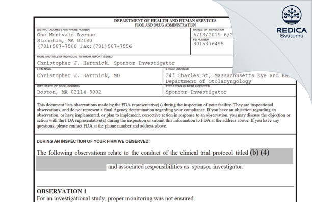 FDA 483 - Christopher J. Hartnick, MD [Boston / United States of America] - Download PDF - Redica Systems