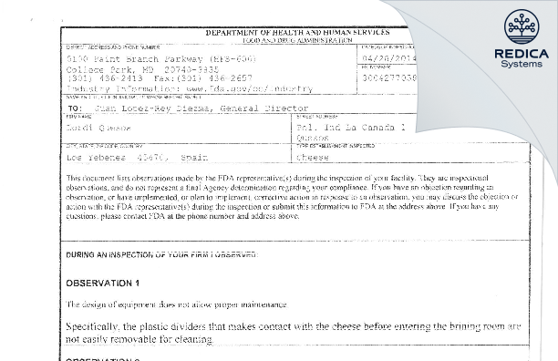 FDA 483 - Lordi S. A. U [Los Yebenes / Spain] - Download PDF - Redica Systems