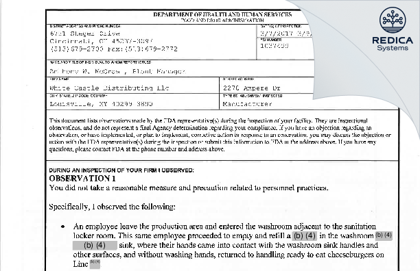 FDA 483 - White Castle Distributing LLC [Louisville / United States of America] - Download PDF - Redica Systems
